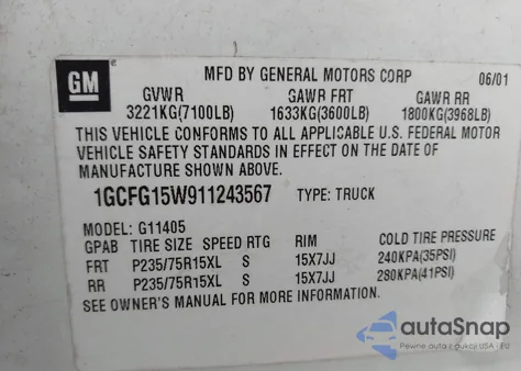 2001 Chevrolet Express from USA, damaged, VIN 1GCFG15W911243567